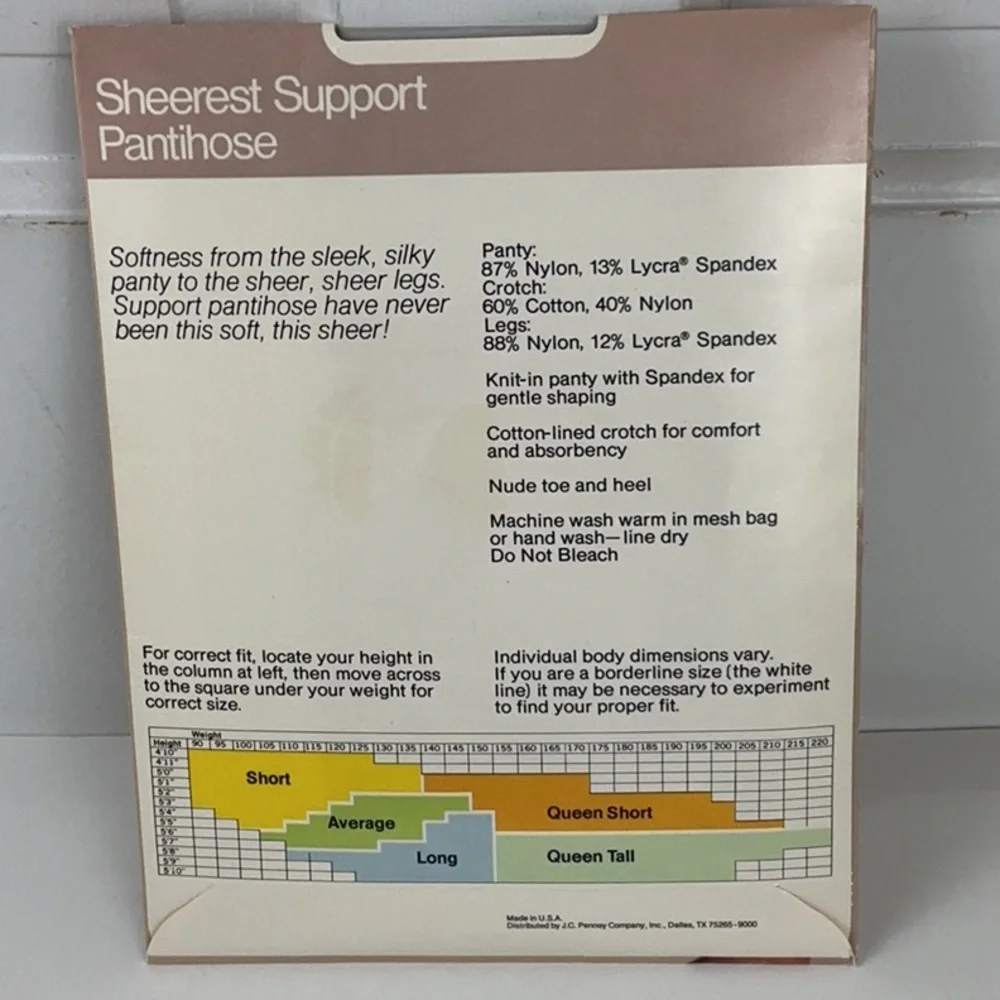 Vintage JC Penney Sheerest Support Sheer Pantyhose Size Queen Short JCP